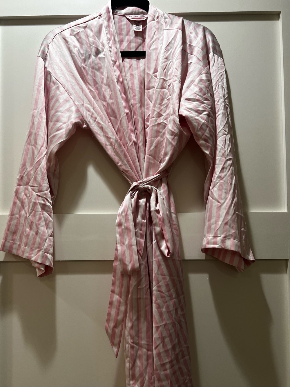 Victoria's Secret Pink and White Striped Satin Robe with Tie